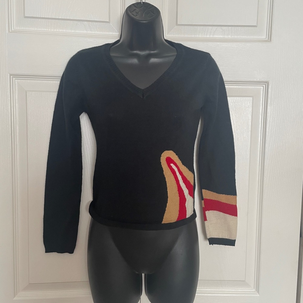 MASTINA Sweater Women 34 Black Geometric Long Sleeve Knit Wool Blend Cropped Top